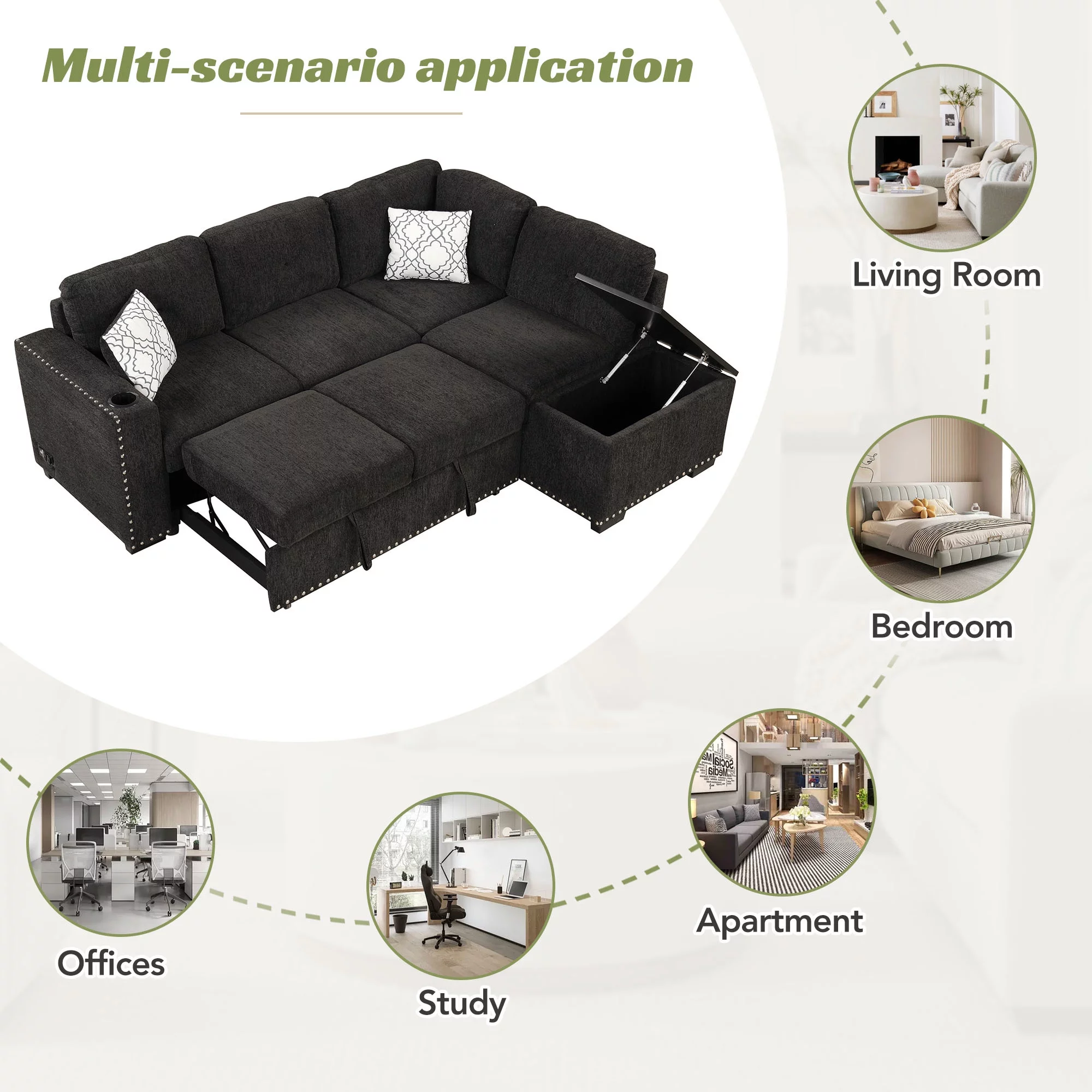 Reversible Sectional Pull-Out Sofa Bed L-Shaped Corner with Storage Chaise, Black