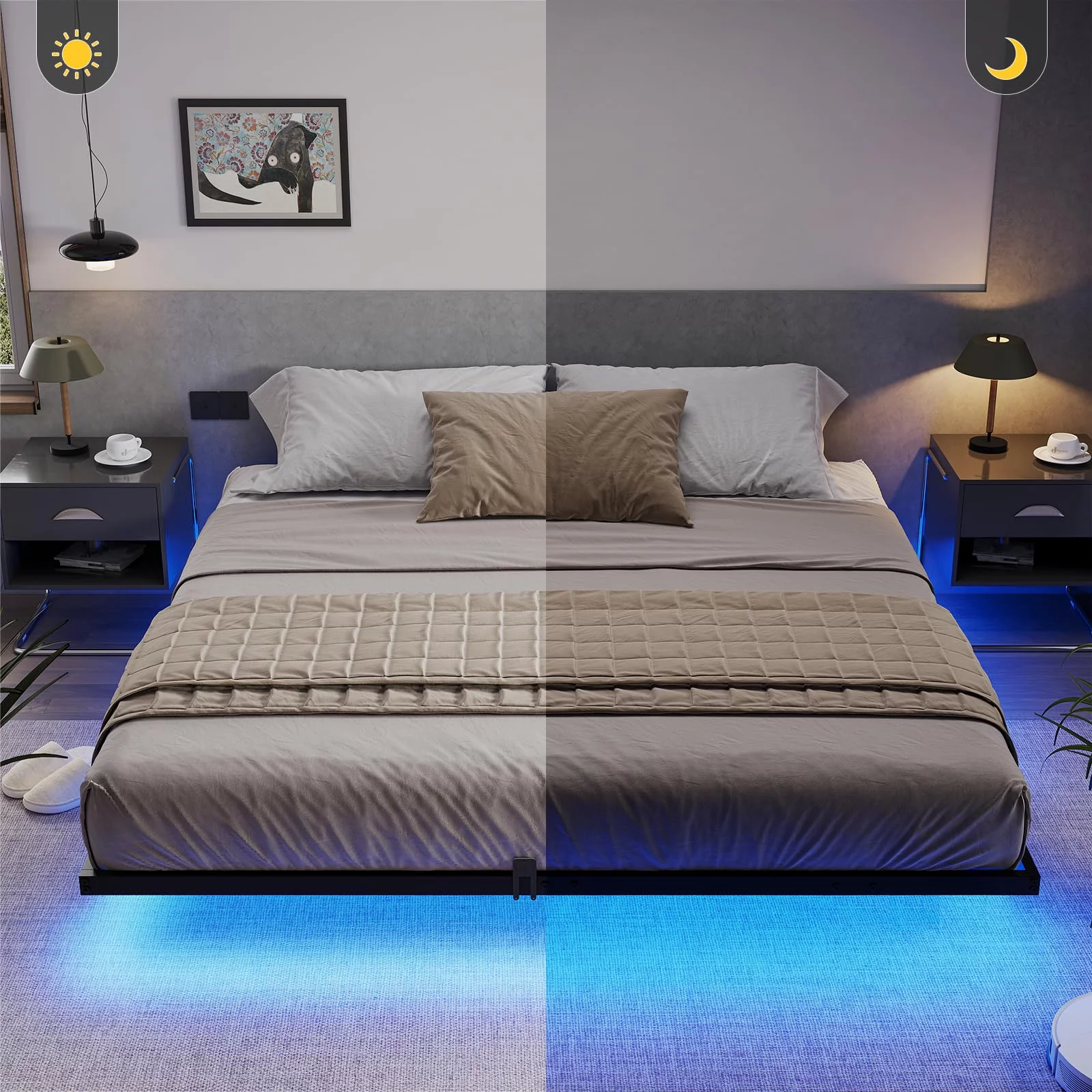 Metal Floating Bed Frame Queen Size Metal Platform Bed Frame with LED Lights,No Box Spring Needed - Curated Treasures Market