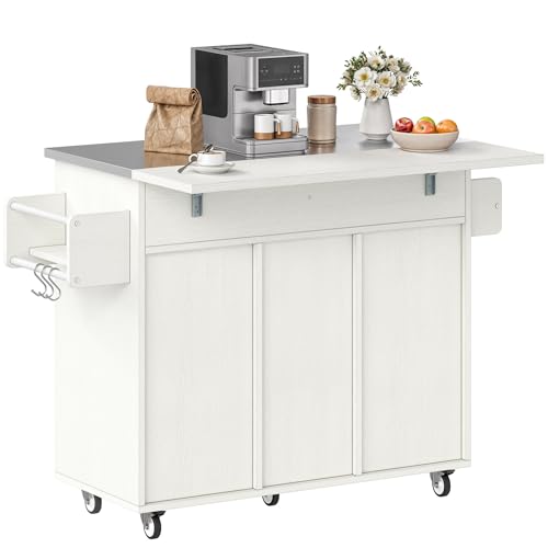 DWVO Kitchen Island on Wheels, Mobile Kitchen Island Cart with Folding Drop Leaf Breakfast Bar, Island Table for Kitchen with Large Storage Cabinets