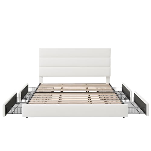 Allewie Modern Full Size Platform Bed Frame with 4 Storage Drawers and Velvet Upholstered Headboard, Wooden Slats Support