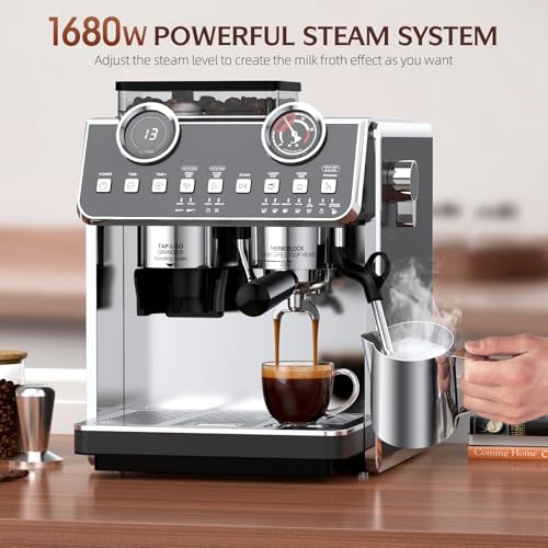 Espresso Machine with Grinder, 20 Bar Pressure Professional Espresso Maker with 30 Grinding Settings, 58mm Portafilte