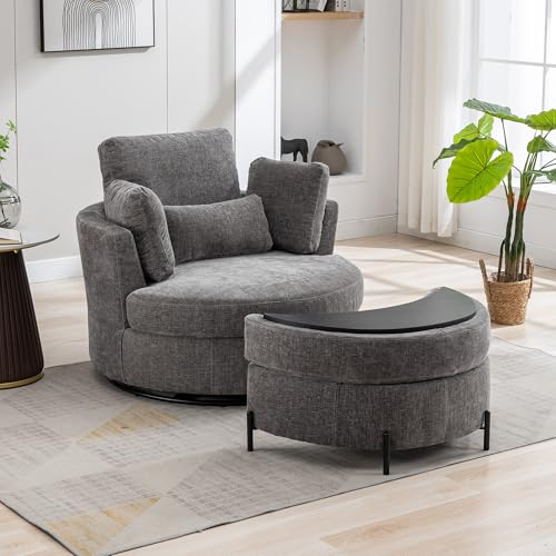 Aoiy & Wifon 42.2" W Oversized Swivel Barrel Chair with Ottoman, Upholstered Round Accent Chair with Storage Ottoman, Chenille, Beige