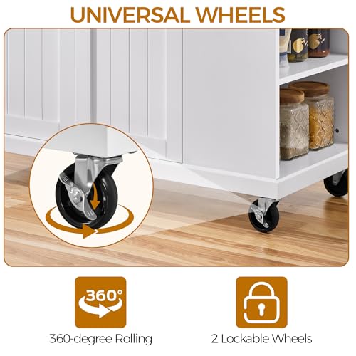 Yaheetech Rolling Kitchen Island Cart with Drop Leaf, Portable Rubberwood Breakfast Bar with Storage Cabinet, Open Shelves & Detachable Towel