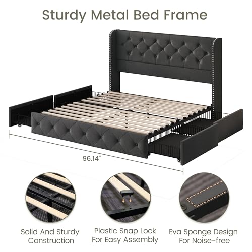 King Size Bed Frame with 4 Storage Drawers and Tufted Headboard Linen Upholstered Platform Bed Frame Wingback Beds with Wooden Slats Support