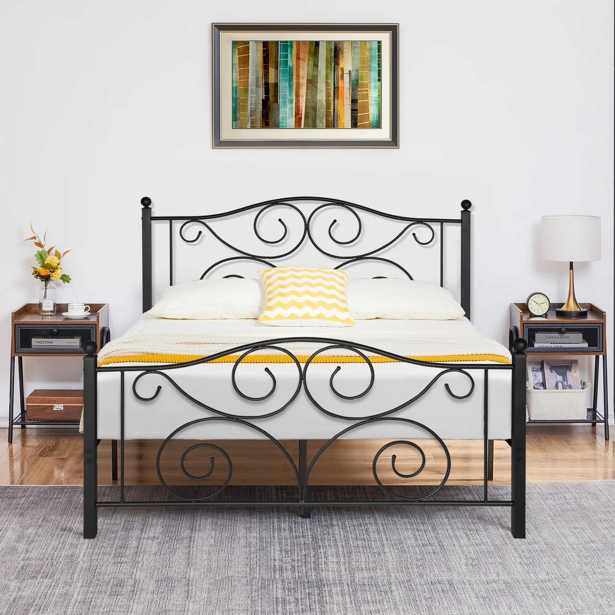 VECELO Metal Platform Bed Frame with Victorian Headboard and Footboard, Full Size, Black