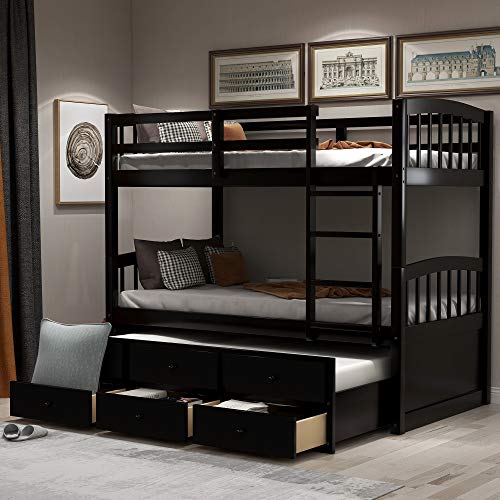 Harper & Bright Designs Twin Over Twin Bunk Bed with Storage Drawers, Solid Wood Bunk Bed Frame with Trundle, for Kids, Teens, Adults (Espresso)