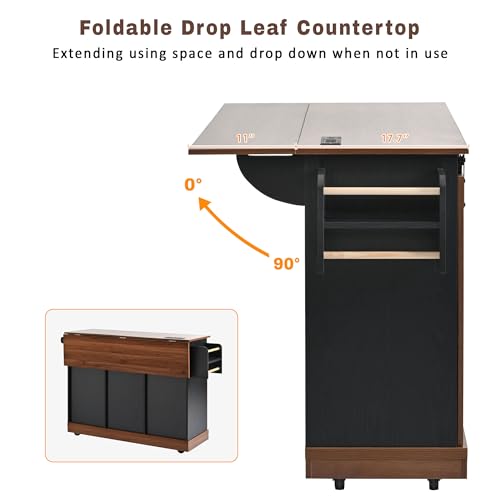 Farmhouse Kitchen Island with Power Outlet, Drop Leaf, Spice Rack and Drawer,Rolling Kitchen Cart on Wheels