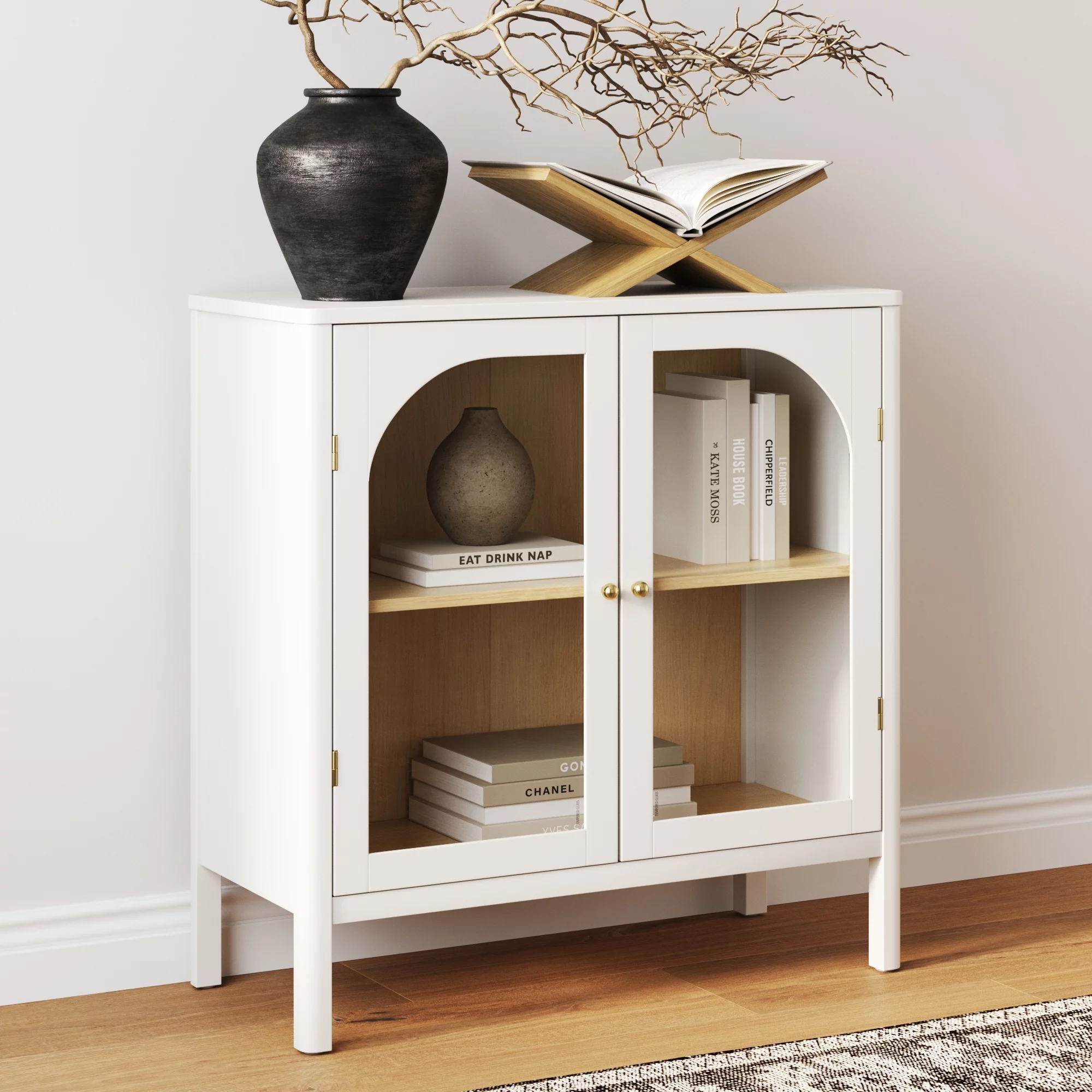 Nathan James Mason Free Standing Accent Sideboard Buffet, Credenza with Glass Doors and Adjustable Shelf in White Wood for Dining Room