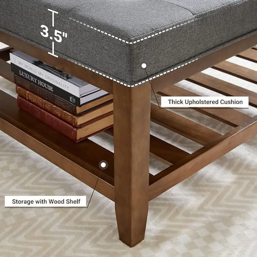 TJUNBOLIFE Square Ottoman Coffee Table with   Button Tufted Upholstered Linen Coffee Table for Living Room  Farmhouse Mid Century Modern Wooden Stool