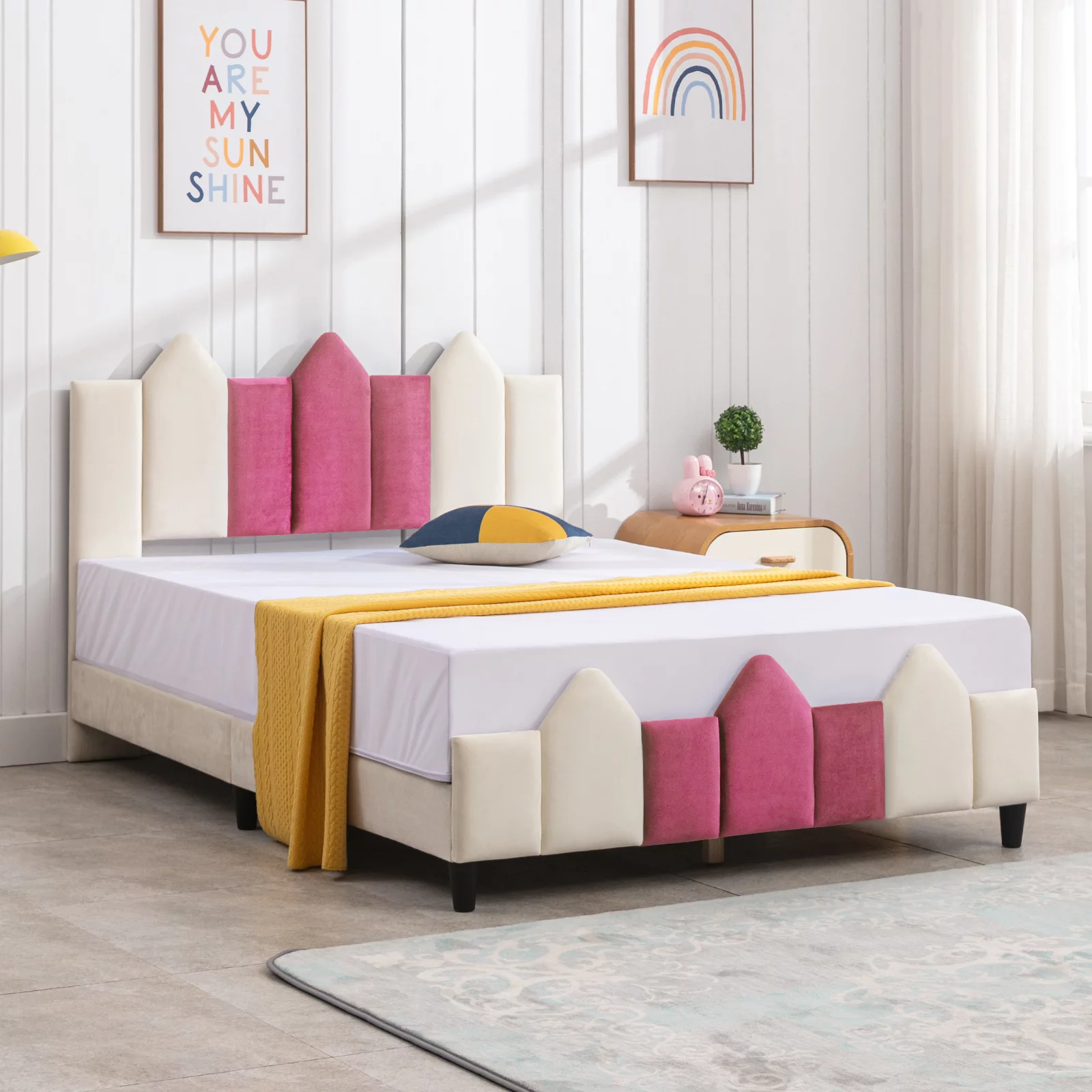 BALUS Full Bed Frames for Kids, Wood Upholstered Bed Platform with Headboard, Children Bedroom Kids Bed, No Box Spring Needed, Easy Assembly