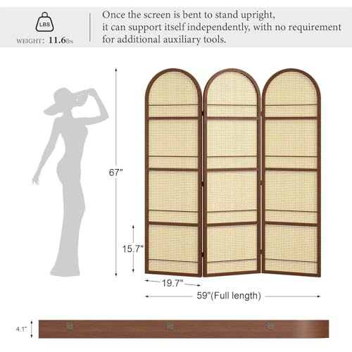 Room Divider and Folding Privacy Screens, Pine Wood 5.6 Ft Double Hinged Rattan Partition Freestanding Wall Room Divider for Home - 3 Panels