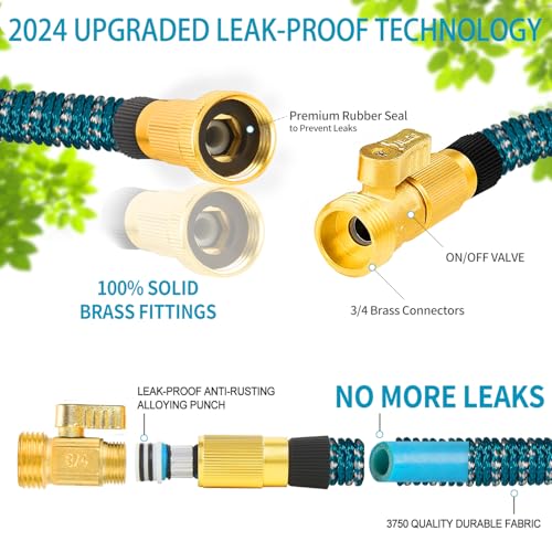 100 FT Expandable Garden Hose - 2024 Version, Lightweight, No-Kink Flexible Water Hose with 3/4" Solid Brass Fittings, Extra Strength Fabric