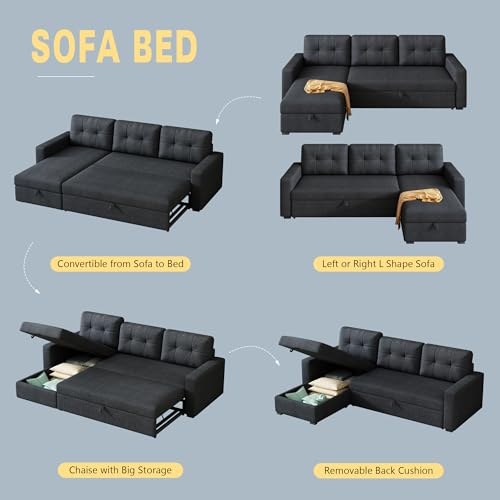 Ball & Cast L-Shape Reversible Sectional Sleeper Sofa Bed 4 in 1 Pull Out Couch with Storage Chaise & Removable Back Cushions