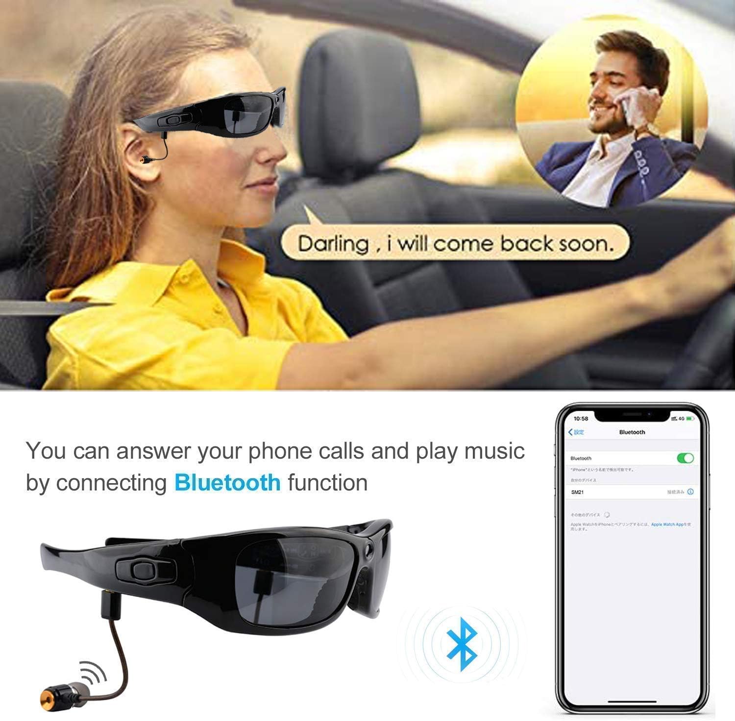 Bluetooth Sunglasses Camera Full HD 1080P Video Sunglasses Sports Action Camera with Polarized UV Protection Safety Lenses