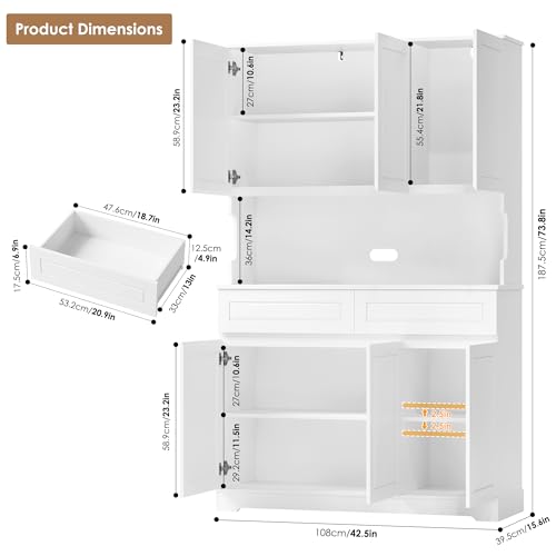 74" Pantry Cabinet, Tall Kitchen Pantry Cabinet with 6 Doors and 2 Drawers, Kitchen Hutch with Wide Countertop