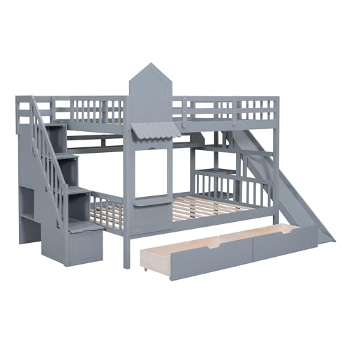 Merax Full Over Full Bunk Bed with 2 Drawers and 3 Shelves