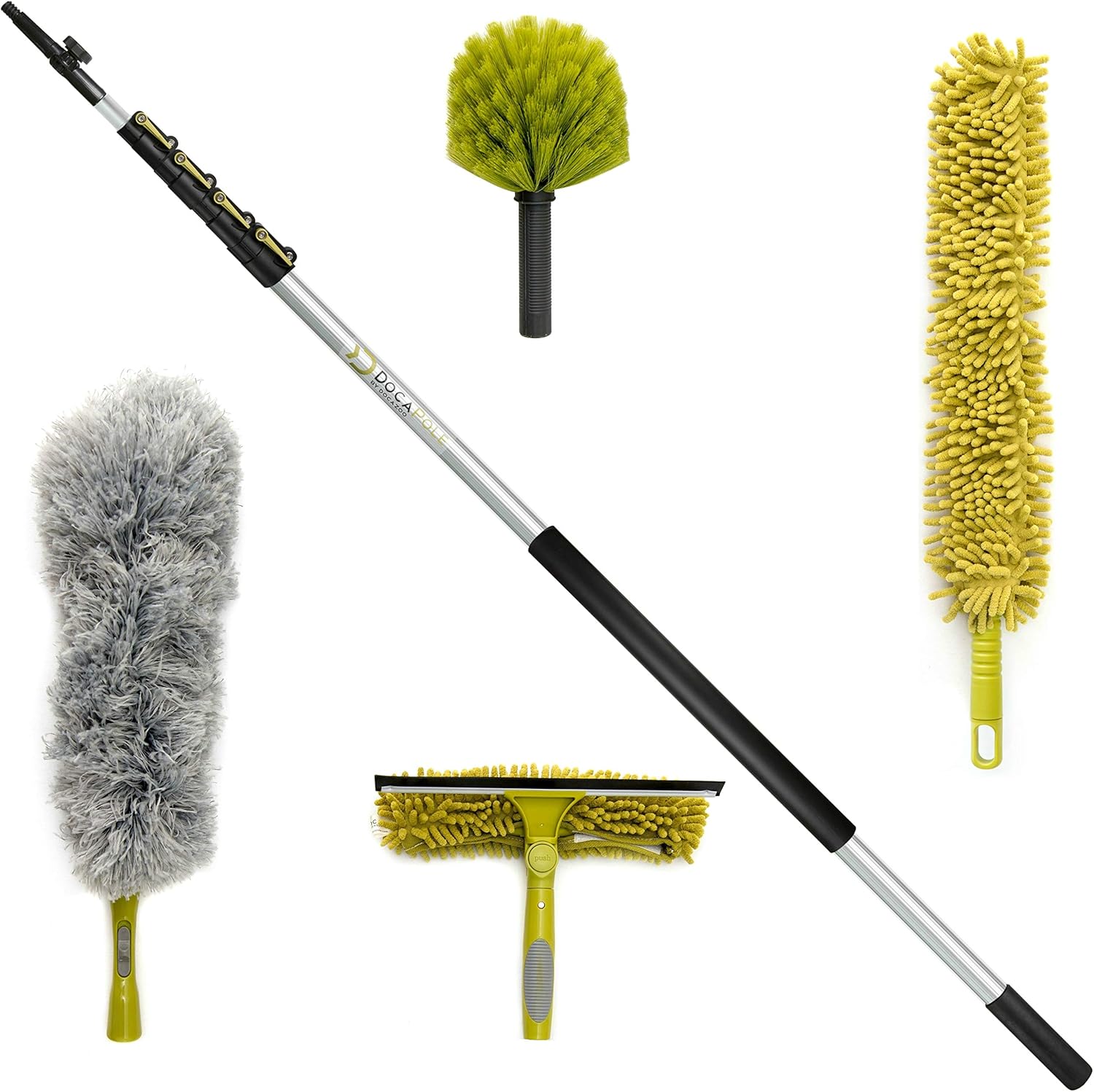 DocaPole 30 ft Reach Cleaning Kit with 6-24 Foot Telescoping Extension Pole, 3 Dusting Attachments 1 Window Squeegee & Washer, Cobweb Duster