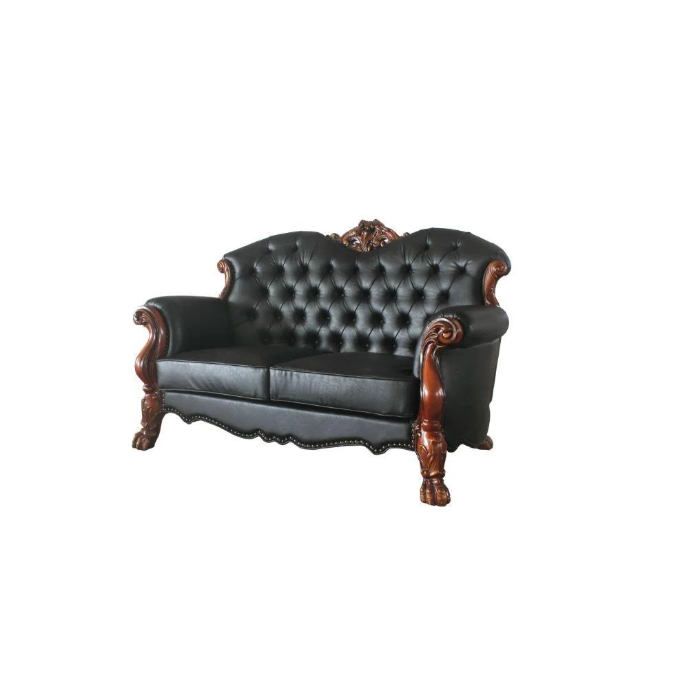 Luxury Vintage Cherry Oak & Black PU Dresden Sofa Set 3 P 58230 ACME Traditional