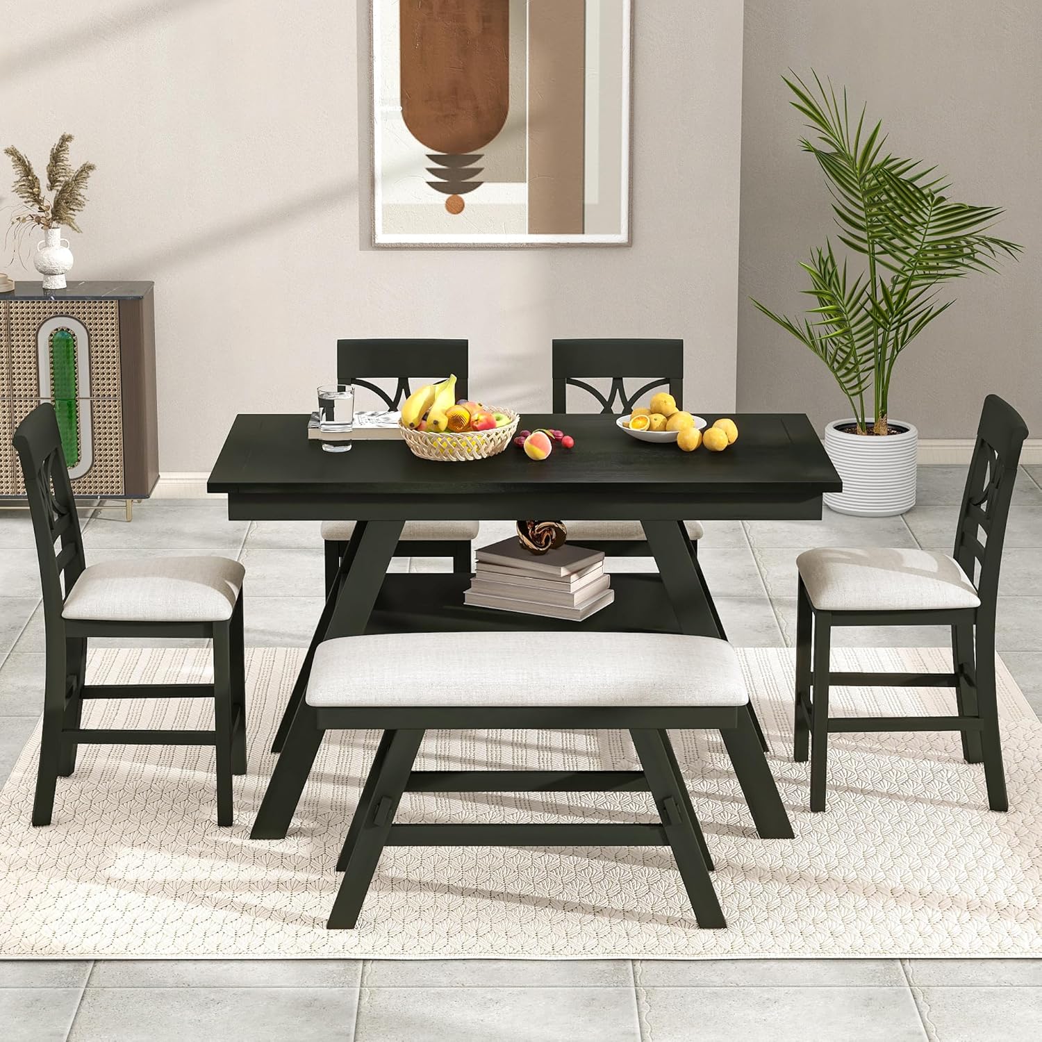 LUMISOL Dining Table Set for 6, Farmhouse Kitchen Table Set with Storage Shelf, 4 Upholstered Chairs and 1 Bench