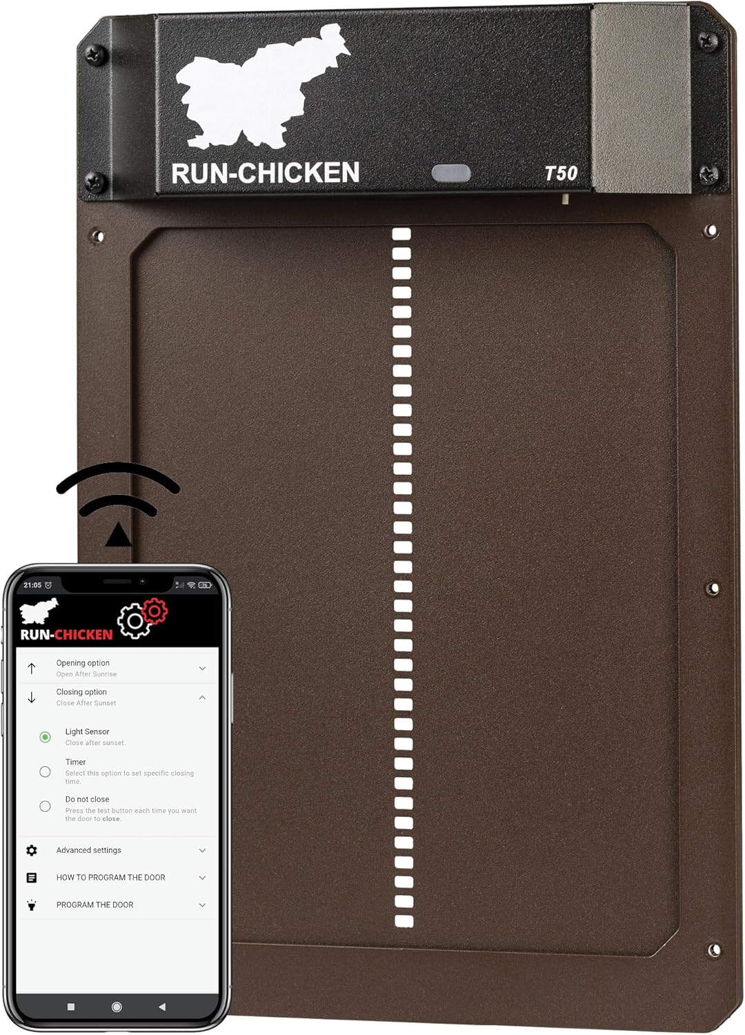 RUN-CHICKEN Door (Brown) Automatic Chicken Coop Door, Programmable with App, Battery Operated, Evening and Morning Delay, Aluminum Door