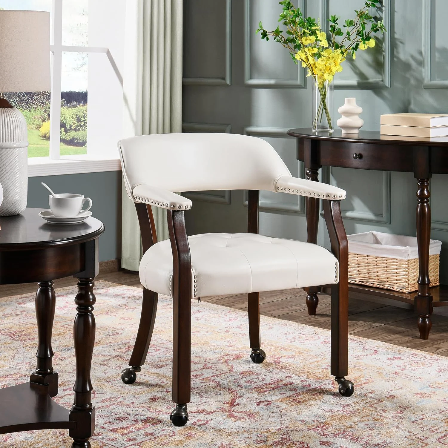 Dining Chairs With Casters And Arms, Rolling Dining Chairs With Wheels, Accent Game Chairs, Solid Wood Caption's Chairs Office Desk Chairs
