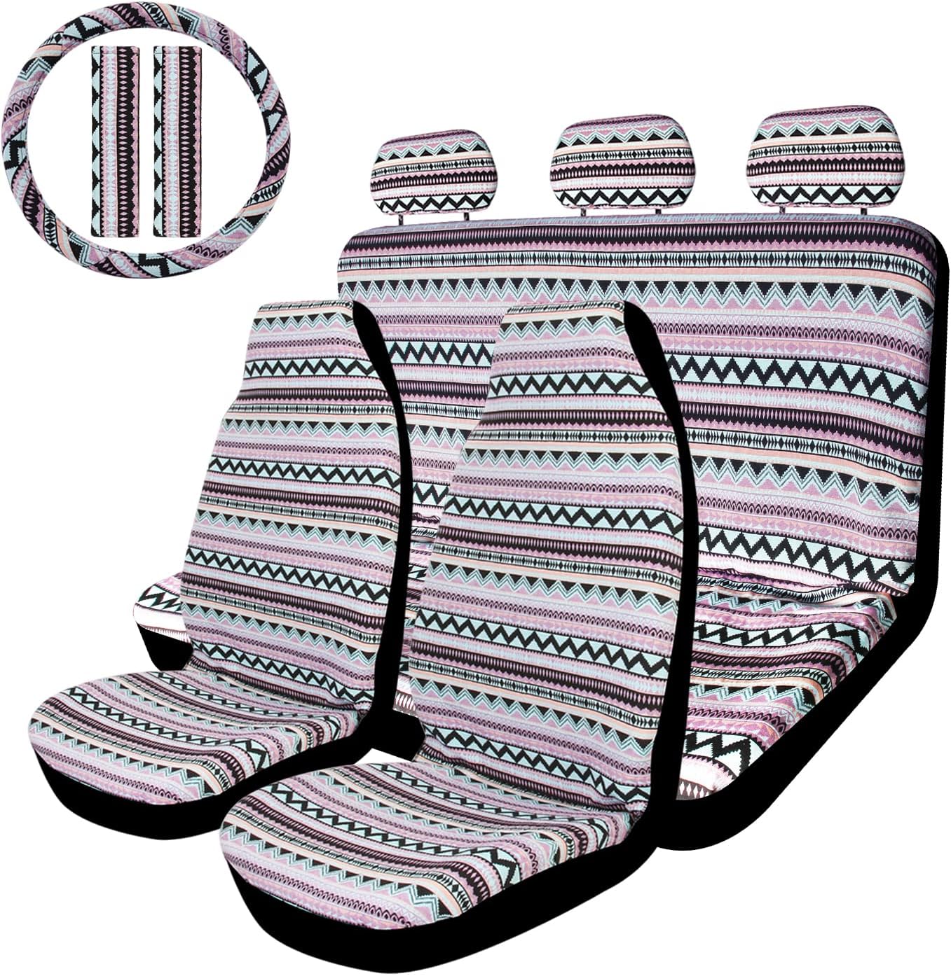 Copap Car Seat Covers Beige Baja Blanket Woven Seat Cover Boho Ethnic Tribal Style Fit for Sedan Cars & Vans with 15 Steering Wheel Cover