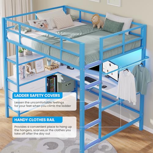 DICTAC Loft Bed Full Size with L-Shaped Desk and Charging Station Full Metal Bed Frame with LED Lights,Open Shelves and 3 Fabric Storage Drawers