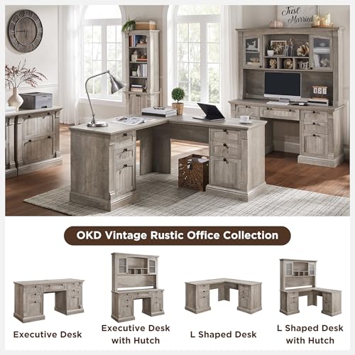 OKD 60" Executive Desk with Drawers, Farmhouse Home Office Desk with Charging Station, Keyboard Tray, File Cabinet Storage