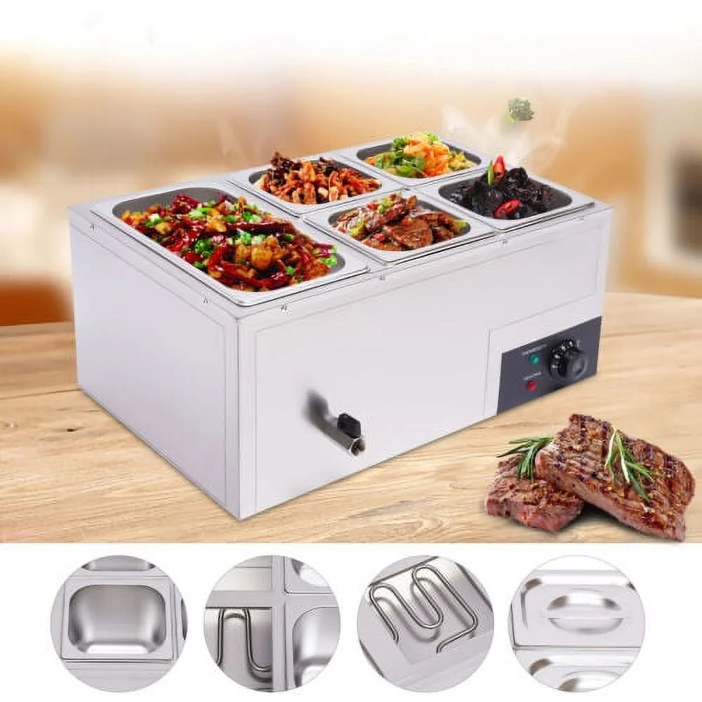 600W Electric Food Warmer Large Capacity Stainless Steel Food Warmer w/ 5 Pans