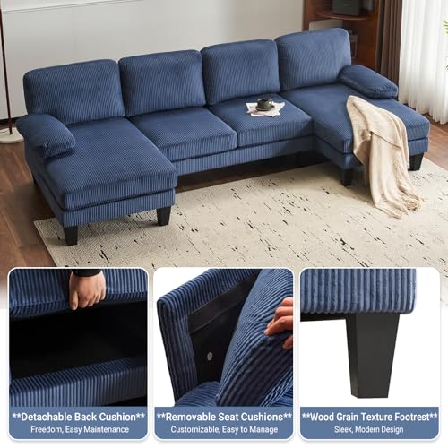 VINGLI 110" Sectional Couches for Living Room,U Shaped Couch with Double Chaise, 4-Seat Sofa Set with Chenille Fabric for Home Furniture,Forest Green