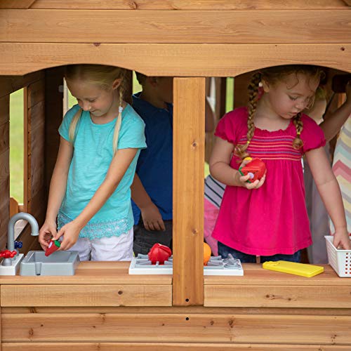 Backyard Discovery Aspen Cedar Wooden Kids Playhouse Cottage with Play Kitchen, Snack Bar, Picnic Bench, Dinner Bell, Mailbox, Dutch Door