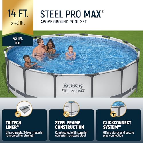 Bestway Steel Pro MAX 12 Foot by 30 Inch Round Above Ground Swimming Pool Set Outdoor Metal Frame Family Pool with Filter Pump, Gray