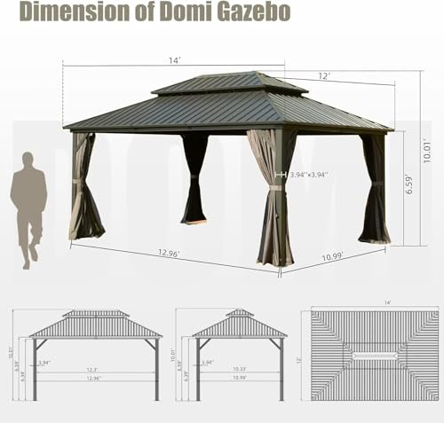 Domi 10’ x 10’ Hardtop Gazebo Metal Frame Canopy with Netting & Curtains