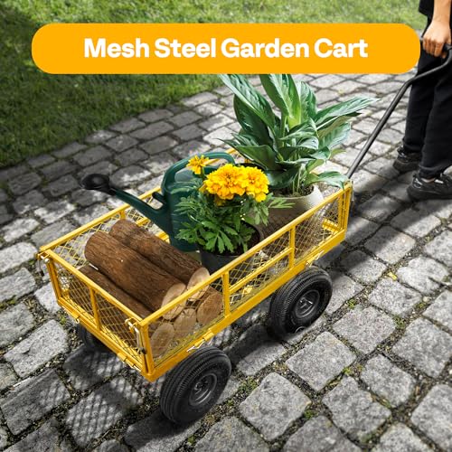 VIVOHOME Heavy Duty 880 Lbs Capacity Mesh Steel Garden Cart Folding Utility Wagon with Removable Sides and 4.10/3.50-4" Wheels 10 inch Tire (Black)