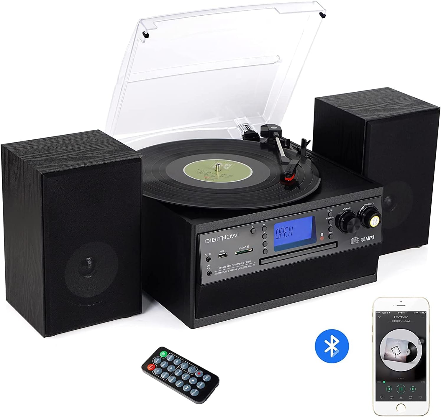 DIGITNOW Bluetooth Record Player Turntable with Stereo Speaker, LP Vinyl to MP3 Converter with CD, Cassette, Radio, Aux in and USB/SD Encoding