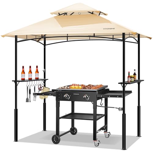 VIVOHOME 8&times;5 ft Grill Gazebo Outdoor BBQ Patio Canopy Tent with Double Tiered Vented Top & 2 Side Shelves, Beige