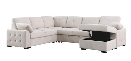 L-Shaped Pull Out Sleep Sofabed,Modern Reversible Sleeper Sectional Sofa Chenille Upholstered Button Tufted Decor with Storage Chaise