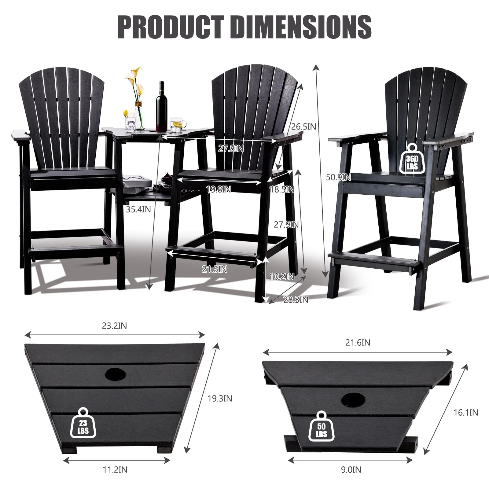 Tall Adirondack Chairs Set of 2 .Outdoor Adirondack Barstools with Double Connecting Tray Patio Stools Weather Resistant for Outdoor Deck Lawn Pool