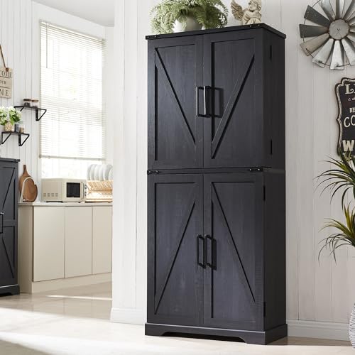 72" Tall Kitchen Pantry, Farmhouse Storage Cabinet with Barn Doors, Organizer, Drawer and Adjustable Shelves, Rustic Wood Cupboard for Kitchen