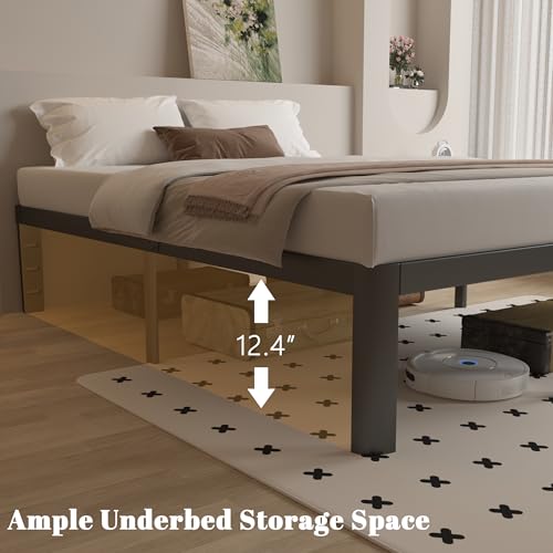 Full Size Bed Frame 16 Inch Black, Metal Platform Full Bed Frame with Baffles, No Box Spring Needed, Heavy Duty Steel Supprt, Rounded Corner Design