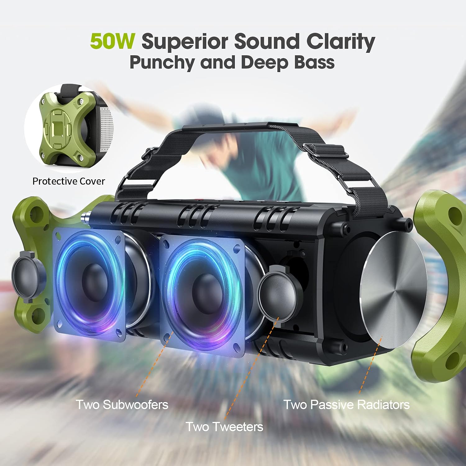 Bluetooth Speaker, W-KING 50W Deep Bass Portable Loud Bluetooth Speaker