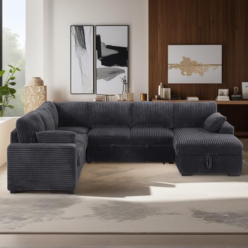 L-Shaped Pull Out Sleep Sofabed,Modern Reversible Sleeper Sectional Sofa Chenille Upholstered Button Tufted Decor with Storage Chaise