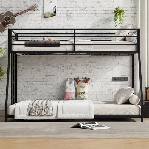Heavy Duty Bunk Bed Frame with Ladder, Twin XL Over Twin XL Bunk Beds with Safety Guardrails, Adults Bunk Beds with Noise-Reducing Rubber Stoppers