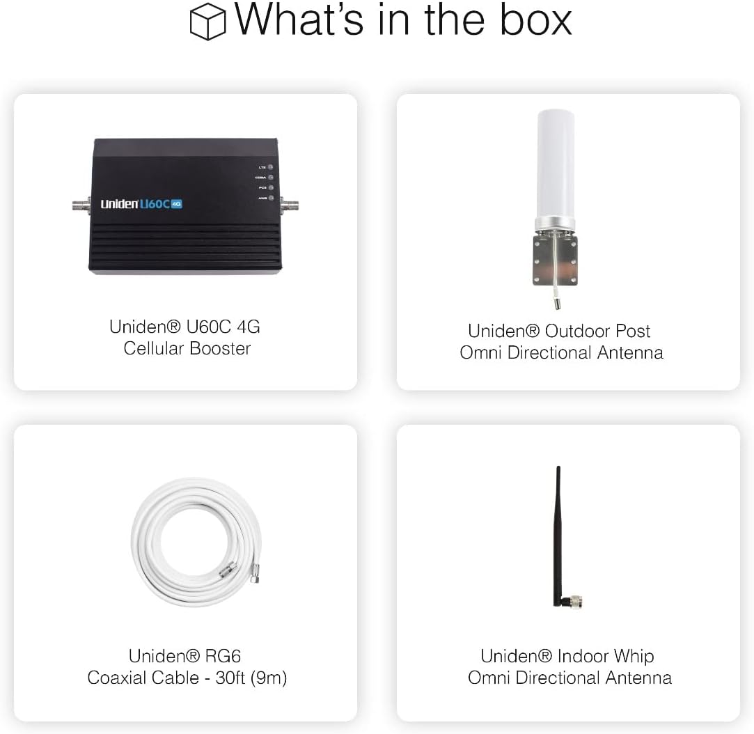 Uniden U60C Cell Phone Signal Booster | Omni/Whip Antenna - 75 Ohm| Boosts 3G/4G/LTE | 5G Ready | Up to 1,500 sq ft | for All US Carriers - Verizon