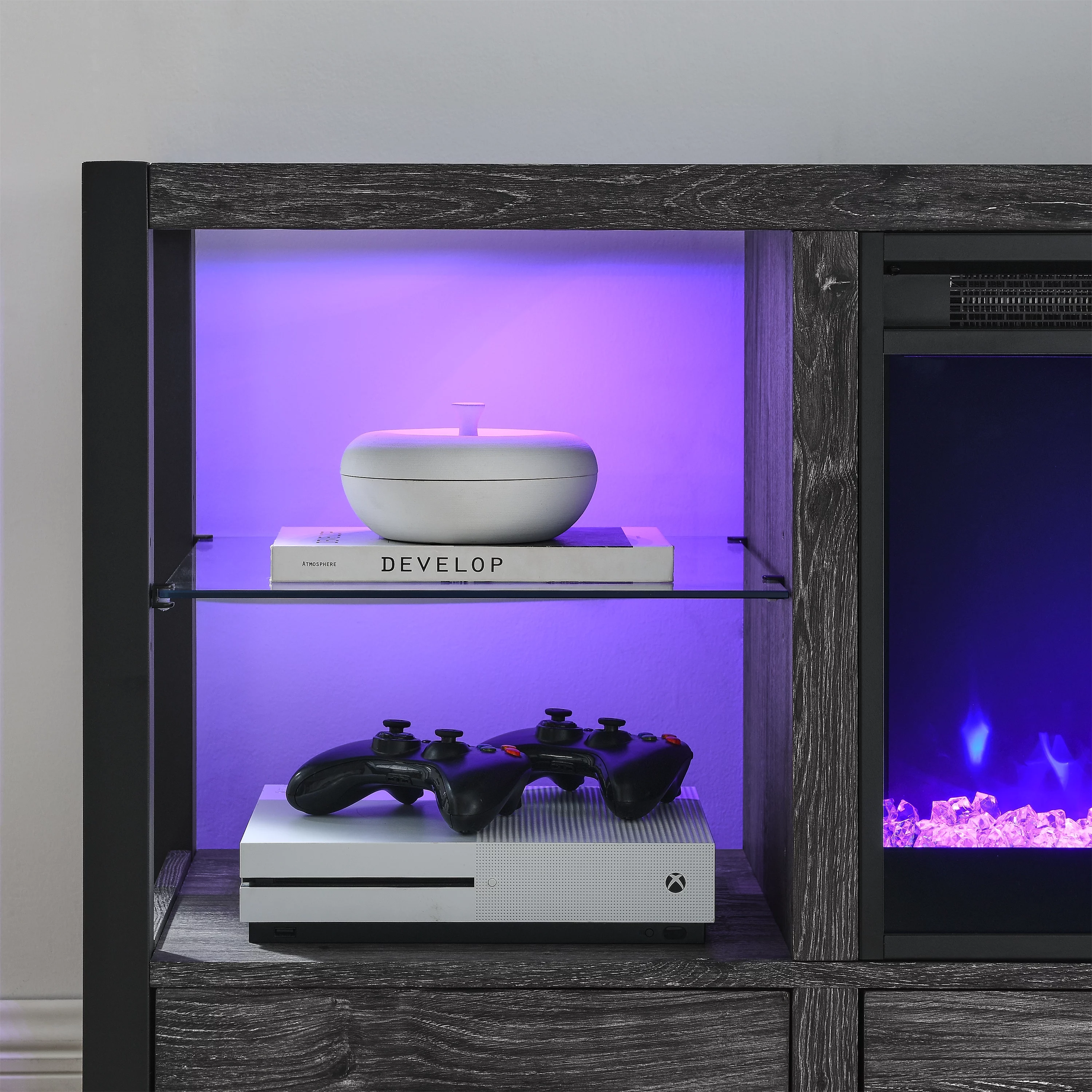 60 Inch Electric Fireplace Media TV Stand with Sync Colorful LED Lights-Dark Rustic Oak Color