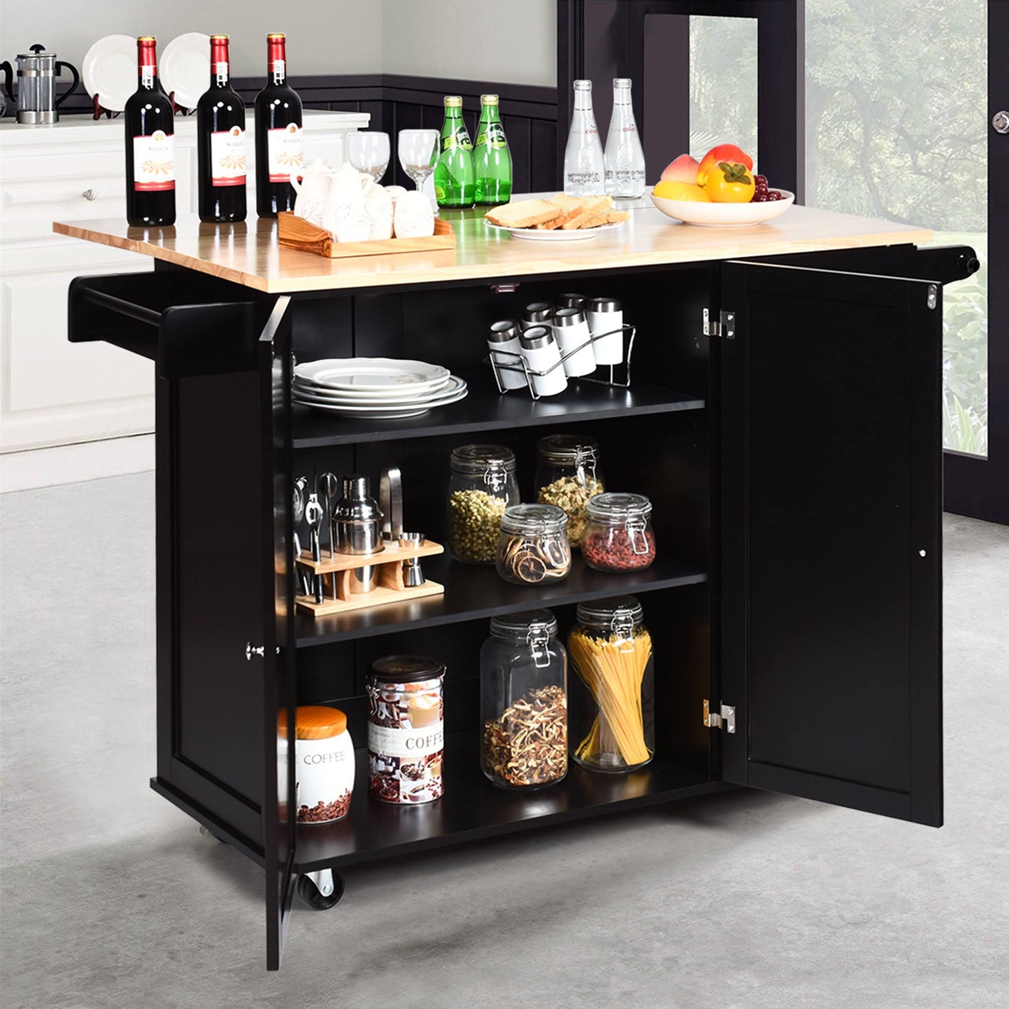 Gymax Drop-Leaf Kitchen Island Trolley Cart Wood Storage Cabinet w/ - See Details - Kitchen Cart - Black