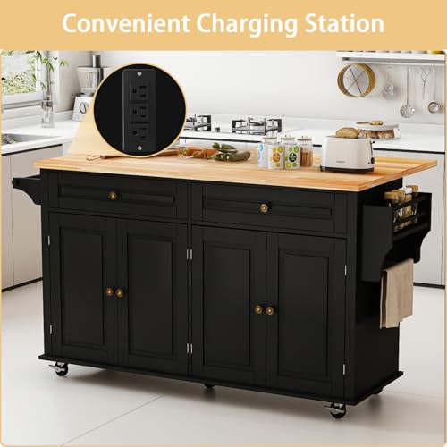 67’’ Movable Kitchen Island with Drop Leaf and Power Outlet, Lockable Sliding Countertop Rolling Island Cart with 2 Large Drawers, Spice, Towel Rack
