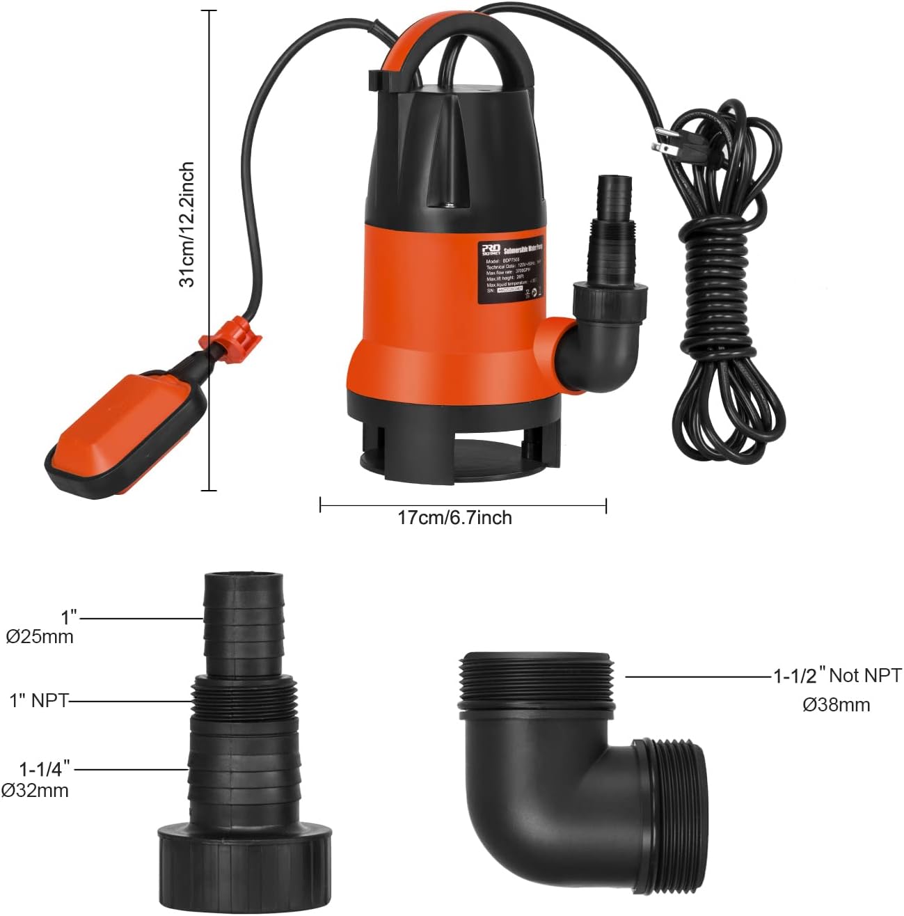 Sump Pump, PROSTORMER 1HP 3700GPH Submersible Clean/Dirty Water Pump with Automatic Float Switch for Pool, Pond,Garden, Flooded Cellar