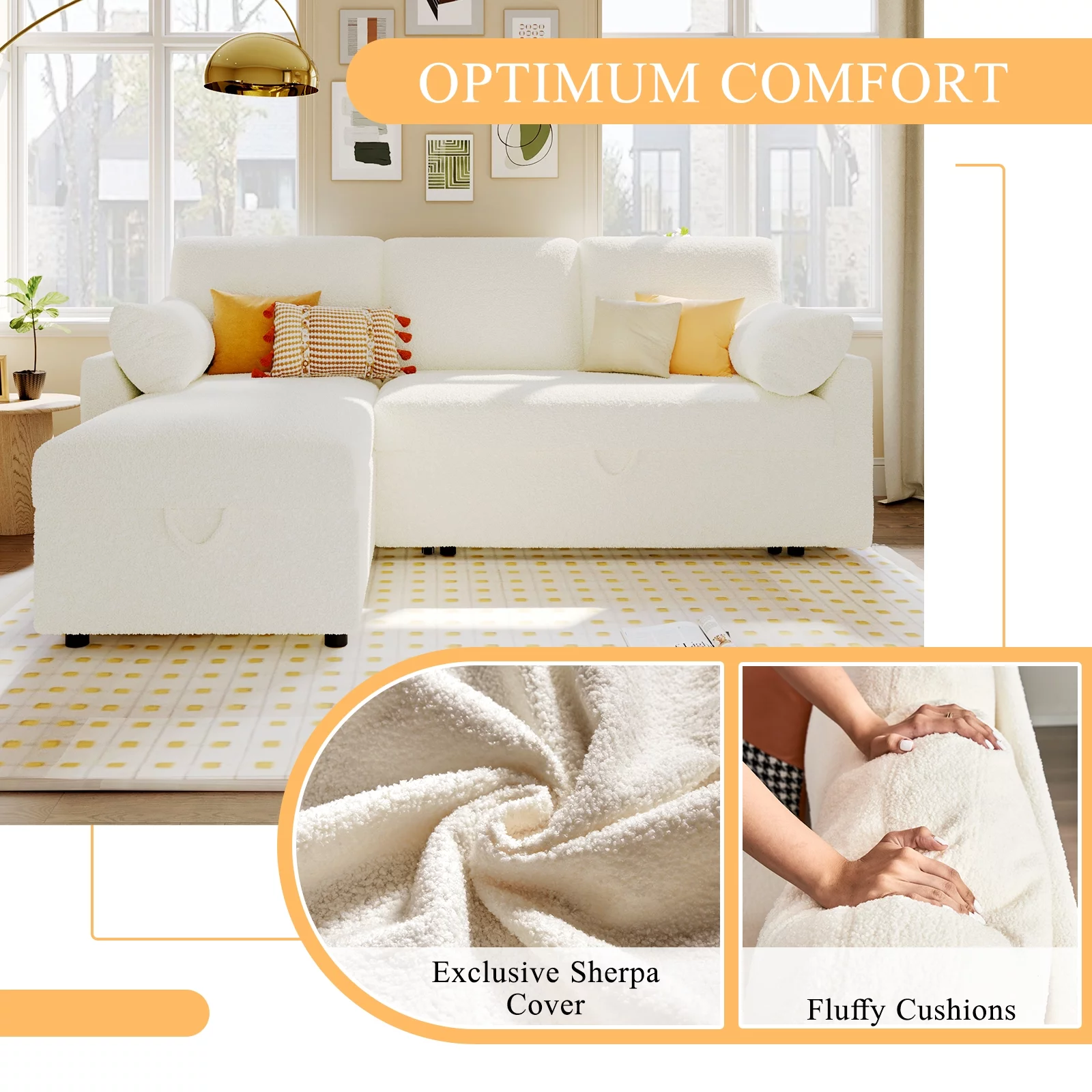 PaPaJet Sofa Bed, 2 in 1 Pull Out Couch with Storage Chaise for Living Room Office, White Sherpa