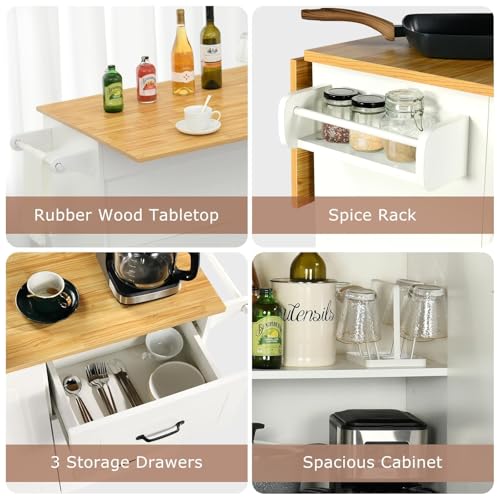 4 EVER WINNER Rolling Island with Storage and Drop Leaf, Marble Tabletop, Kitchen Carts on Wheels with Towel Rack & Spice Rack